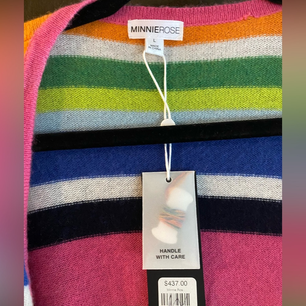 Minnie Rose Multicolored Striped Cashmere Cardigan Sweater NWT Large - Picture 4 of 6